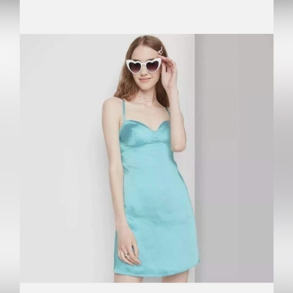 Wild Fable Women's Sleeveless Satin Slip Dress Aqua blue sweetheart spaghetti m